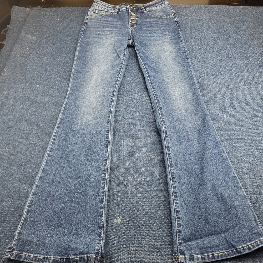Flamingo Womens High Rise Flare Jeans Medium Wash Button Fly Size Med 29
